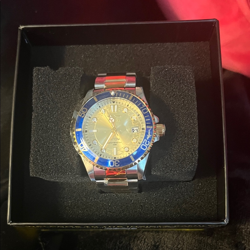 Invicta Men's Silver Watch with Blue Bezel and Gold Dial